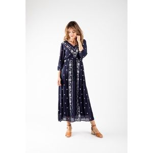 Embroidered Navy Blue Midi Dress